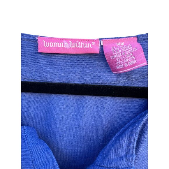 Woman Within Vintage Linen Short Sleeve V-Neck Blue Knee Length Pocket Dress 14W - Picture 2 of 9